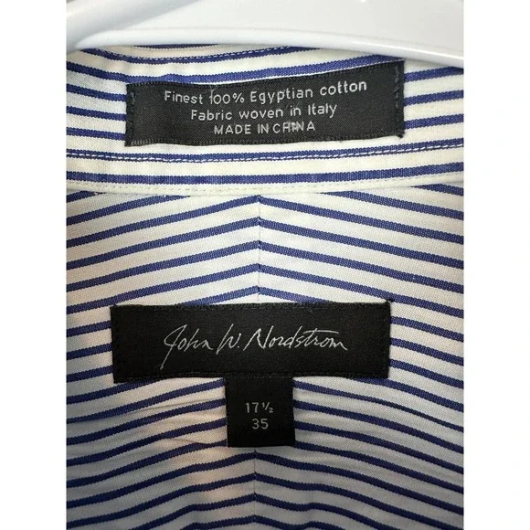 John W Nordstrom Shirt Mens 17.5 35 Stripe Button Down Egyptian Cotton Dress